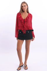 Red Tie Up Top Long Sleeve V Neck Frilled Romantic