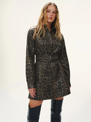 Belted Leopard Print Shirt Dress