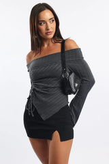 Grey Off Shoulder Top Long Sleeve Ruched