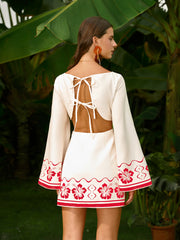 Floral Embroidered Backless Tie Dress