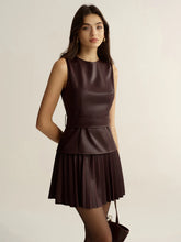Belted Faux Leather Sleeveless Pleated Mini Dress