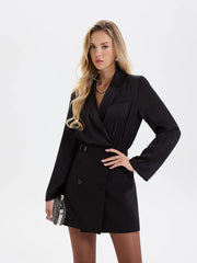 Satin-Paneled Double-Breasted Blazer Dress