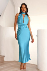 Beauty Of The Night Halter Satin Maxi Dress Blue