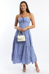 Blue Check Maxi Dress Satin Tape Detail