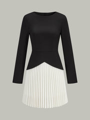 Long Sleeve Color-Block Pleated Dress