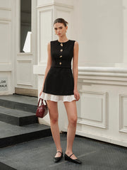 Pockets Ruffled Hem Buttoned Sleeveless Dress