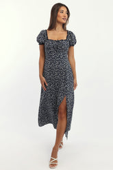 Blue Ditsy Midi Dress Short Sleeve Side Split
