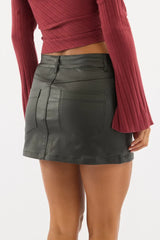 Black Mini Skirt Mid Rise Regular Fit Coated Denim