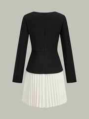 Long Sleeve Color-Block Pleated Dress