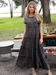 Berkley Maxi Dress - Navy Tan Plaid
