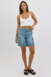 Denim Cargo Shorts High Rise