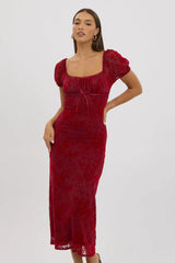 Red Maxi Dress Puff Sleeve Burn Out