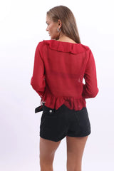 Red Tie Up Top Long Sleeve V Neck Frilled Romantic
