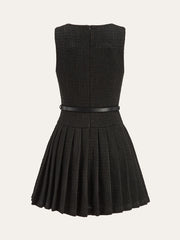 Tweed Sleeveless Pleated Mini Dress with Belt