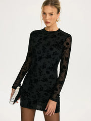 Flocked Floral Mesh Backless Mini Dress