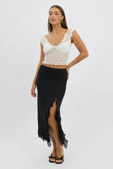 Black Maxi Skirt High Rise Ruffled Slit Frill Hem Mesh