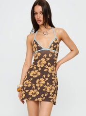Mishie Halter Mini Dress Brown / Blue Floral