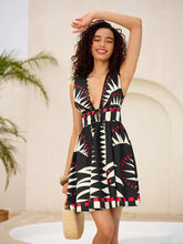 Geometric Graphic V-Neck Tie-Waist Zipper Sleeveless Dress