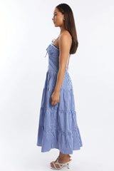 Blue Check Maxi Dress Satin Tape Detail