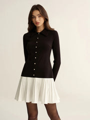 Contrast Pleated Hem Collared Mini Dress