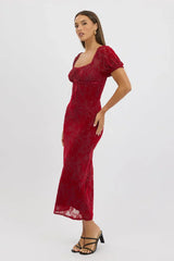 Red Maxi Dress Puff Sleeve Burn Out