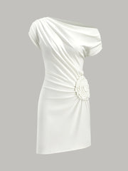 One-Shoulder Ruched Dress With Rosette Detail