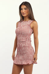 Red Check Bodycon Dress Shirred Mini