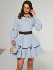 Belted Zip-Front Cotton Tiered Shirt Dress