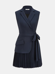 Belted Pleated Sleeveless Blazer Dress