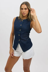 Denim High Neck Vest