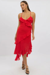 Red Midi Dress Ruffle Detail