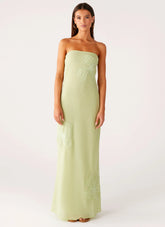 Sassafras Beaded Flower Strapless Maxi Dress - Lime
