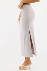 Grey Gathered Midi Skirt High Rise Bengaline Split