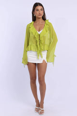 Green Tie Up Top Long Sleeve V Neck Frilled Romantic