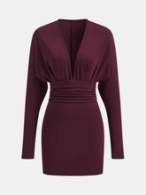 Deep V-Neck Ruched Long-Sleeve Mini Dress