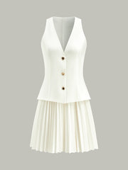 Sleeveless Buttoned Vest-Style Pleated Dress