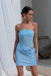 Call Me Darling Strapless Mesh Mini Dress Blue