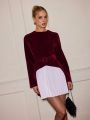 Pleated Panel Velvet Mini Dress with Belt
