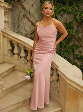 Satin Ruched Maxi Dress in Blush