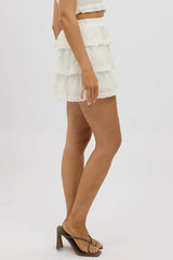 White Mini Skirt Elastic Waist Layered Broidery Eyelet