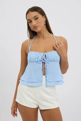 Blue Tie Front Cami Halter Neck Sleeveless