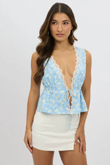 Blue Ditsy Tie Front Top
