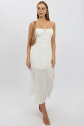 White Midi Dress Gathered Bust Eyelet Fabric