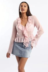 Pink Tie Up Top Long Sleeve V Neck Frilled Romantic