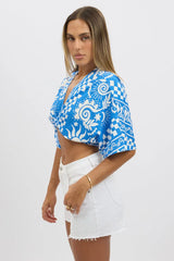 Blue Abstract Tie Up Bolero Short Sleeve