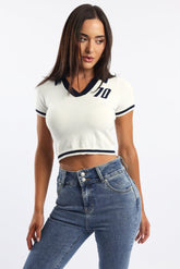 White Knit Top Short Sleeve Collared