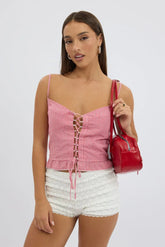 Red Check Corset Top Sleeveless Lace Up