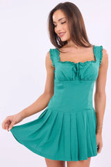Green Mini Dress Pleated Skirt Gathered Bust