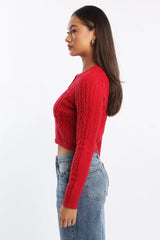 Red Knit Cardigan Long Sleeve Crew Neck