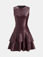 Sleeveless Faux Leather Tiered Ruffle Mini Dress